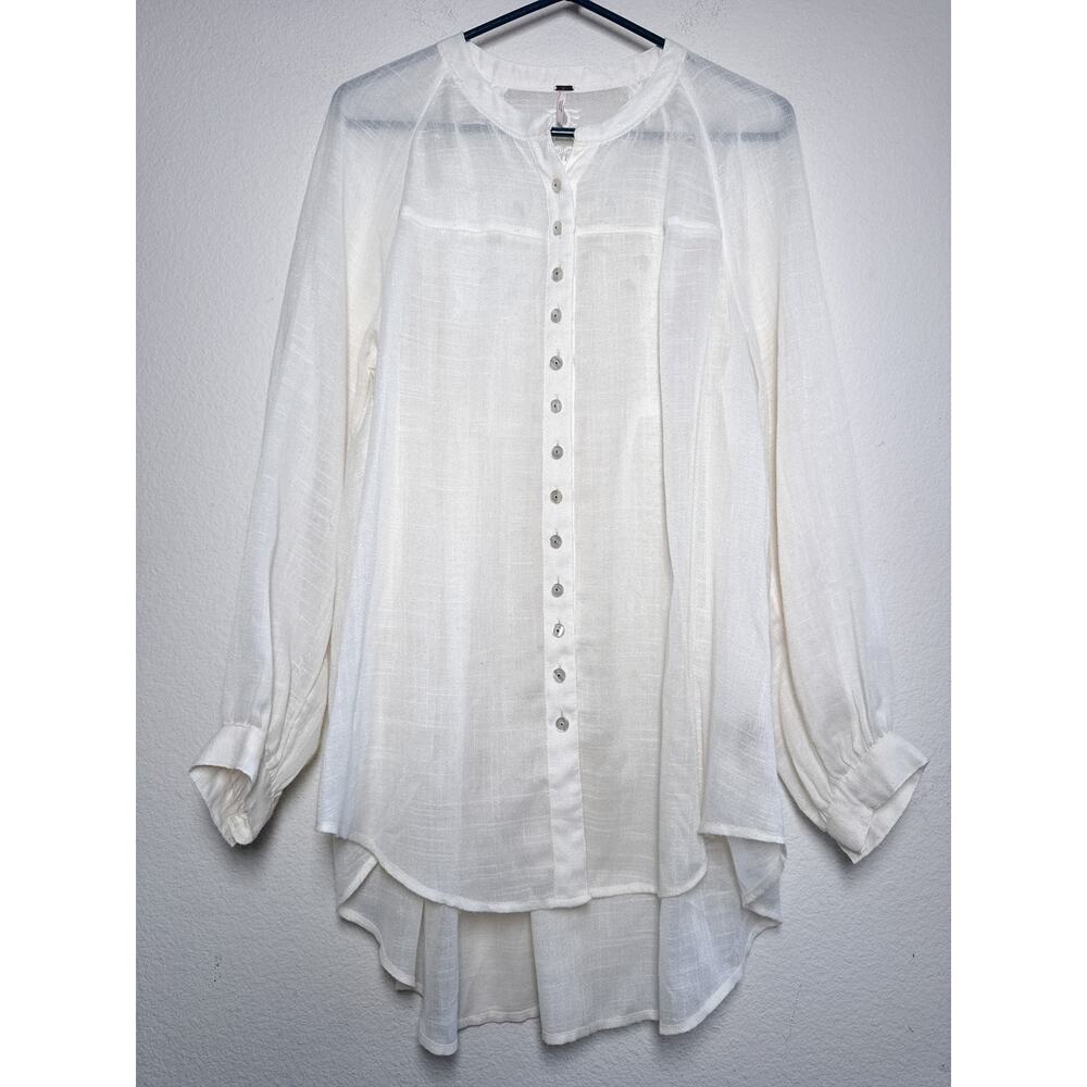 Free People Ivory Button Up High Low Tunic Embroidered Cutout Back M - Picture 3 of 14